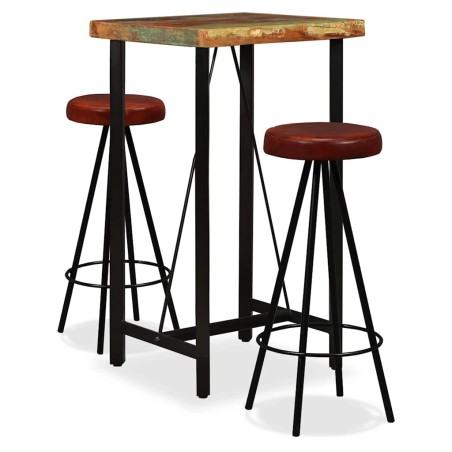 Ensemble de bar 3 pcs Bois massif recyclé et cuir véritable