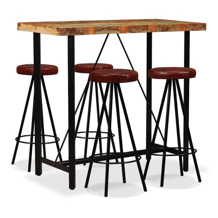 Ensemble de bar 5 pcs Bois massif recyclé et cuir véritable