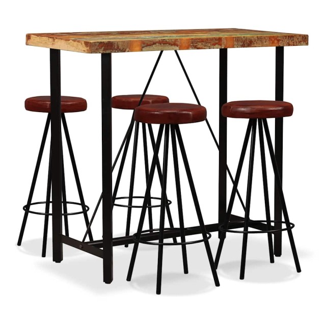 Ensemble de bar 5 pcs Bois massif recyclé et cuir véritable