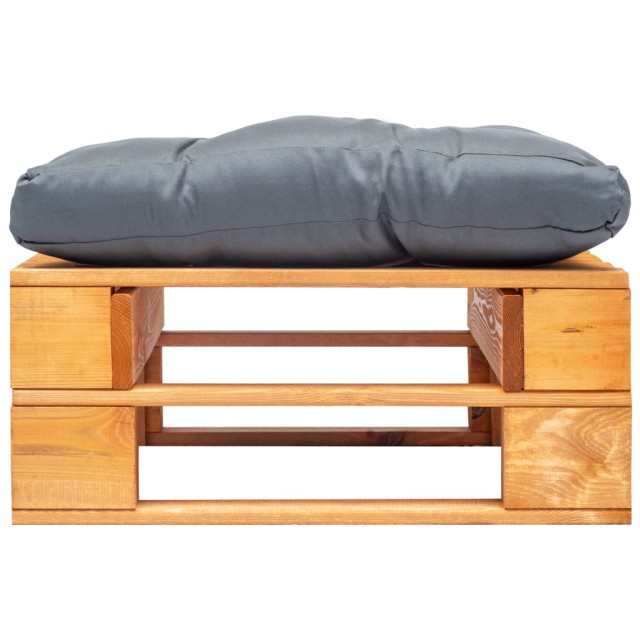 Repose-pied palette de jardin et coussin gris marron miel bois
