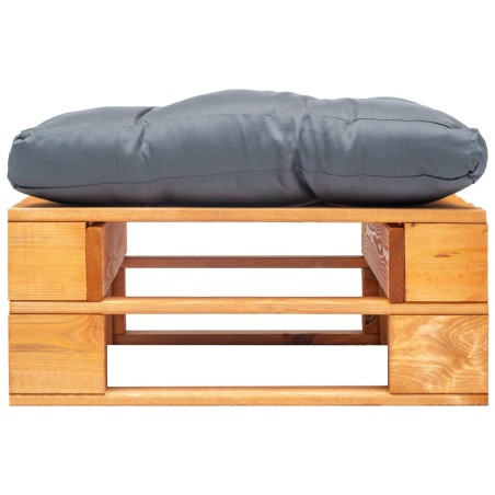 Repose-pied palette de jardin et coussin gris marron miel bois