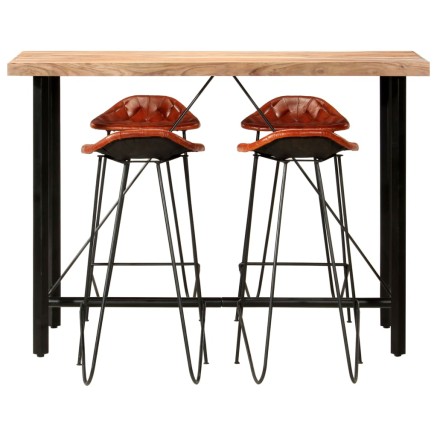 Ensemble de bar 5 pcs Bois solide et cuir véritable 2