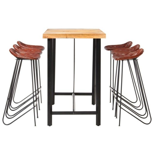 Ensemble de bar 7 pcs Bois solide et cuir véritable
