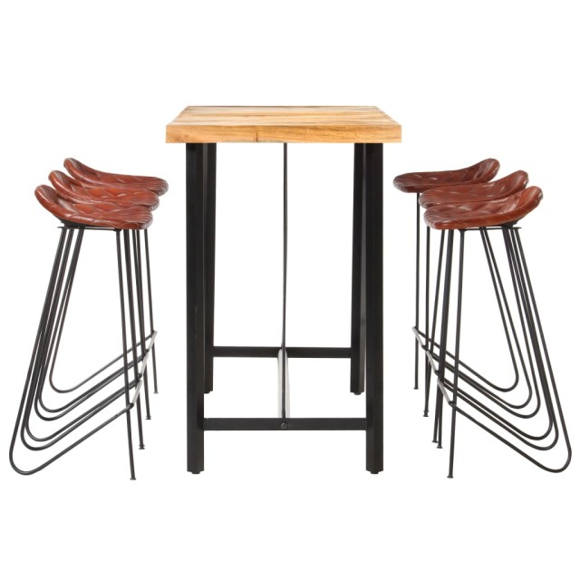 Ensemble de bar 7 pcs Bois d'acacia solide et cuir véritable