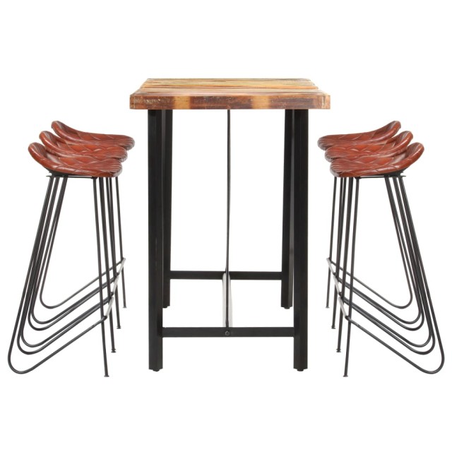 Ensemble de bar 7 pcs Bois de récupération et cuir véritable