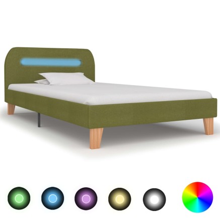 Cadre de lit avec LED sans matelas vert tissu 90x200 cm