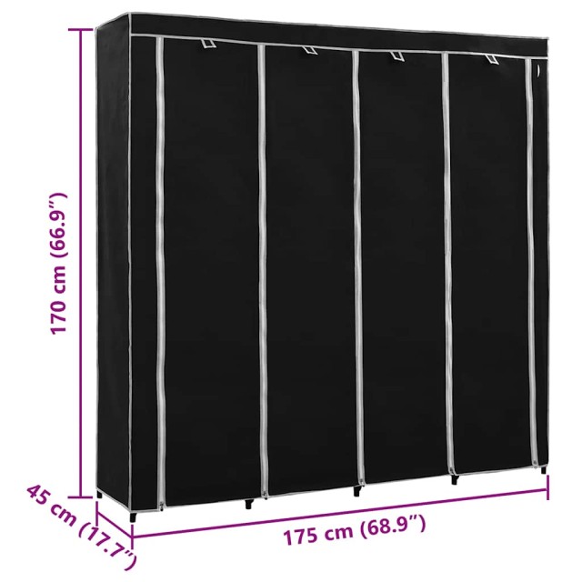 Garde-robe avec 4 compartiments Noir 175x45x170 cm