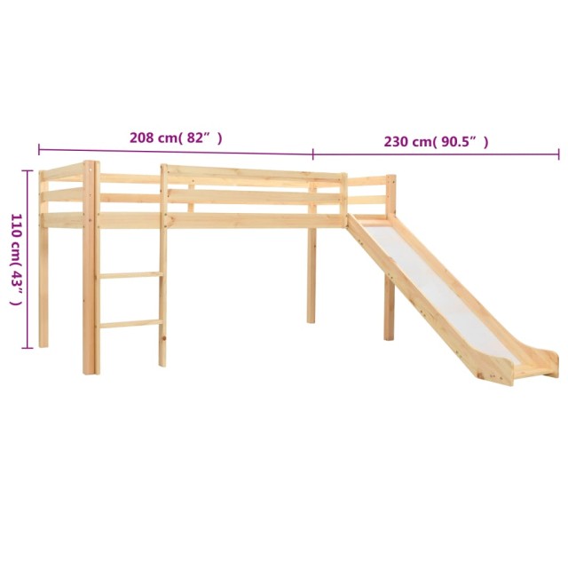 Lit mezzanine d'enfants toboggan et échelle bois pin 97x208 cm