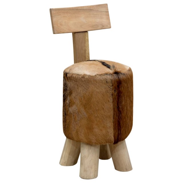 Tabouret cuir de chèvre et Bois de teck solide