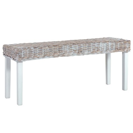 Banc 110 cm Blanc Rotin naturel kubu et bois d'acajou massif