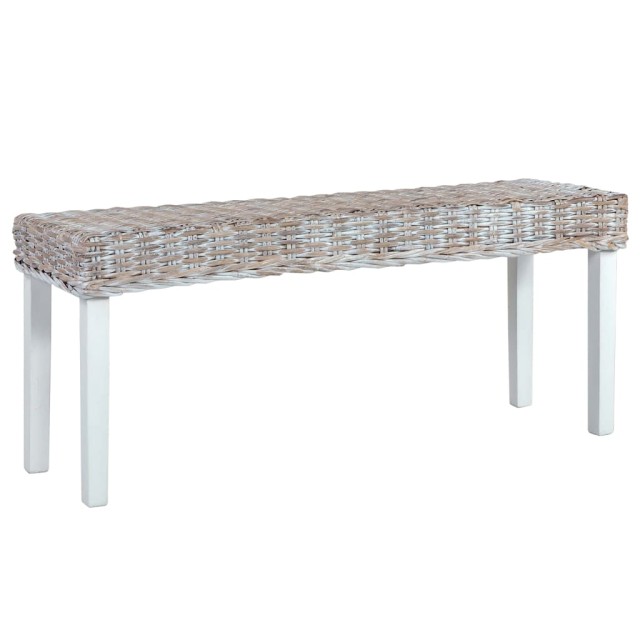 Banc 110 cm Blanc Rotin naturel kubu et bois d'acajou massif