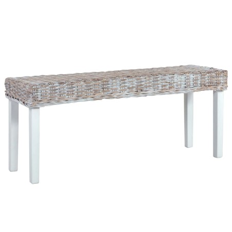 Banc 110 cm Blanc Rotin naturel kubu et bois d'acajou massif