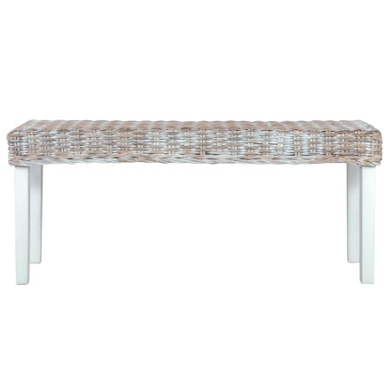 Banc 110 cm Blanc Rotin naturel kubu et bois d'acajou massif 2