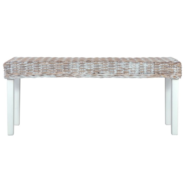 Banc 110 cm Blanc Rotin naturel kubu et bois d'acajou massif