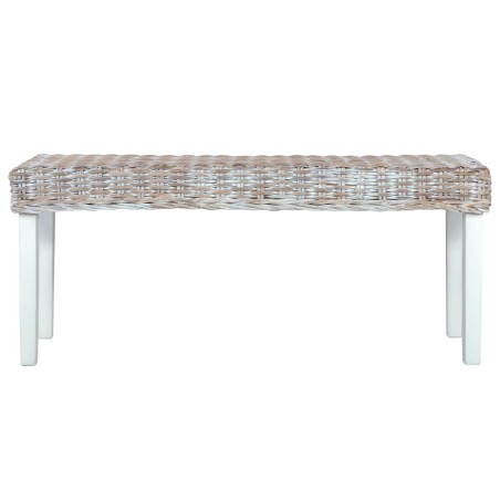 Banc 110 cm Blanc Rotin naturel kubu et bois d'acajou massif