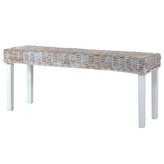 Banc 110 cm Blanc Rotin naturel kubu et bois d'acajou massif