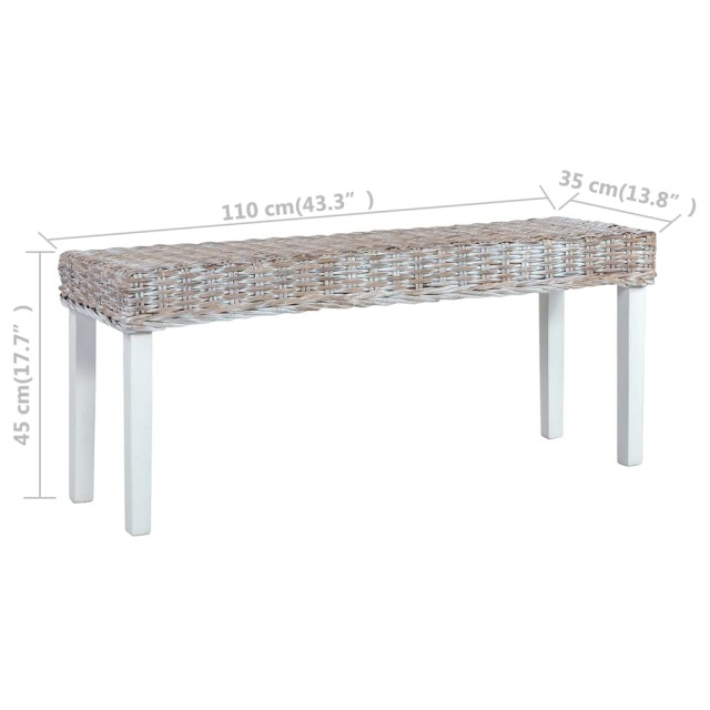Banc 110 cm Blanc Rotin naturel kubu et bois d'acajou massif