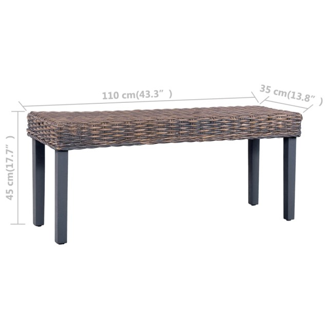 Banc 110 cm Gris Rotin naturel kubu et bois d'acajou massif