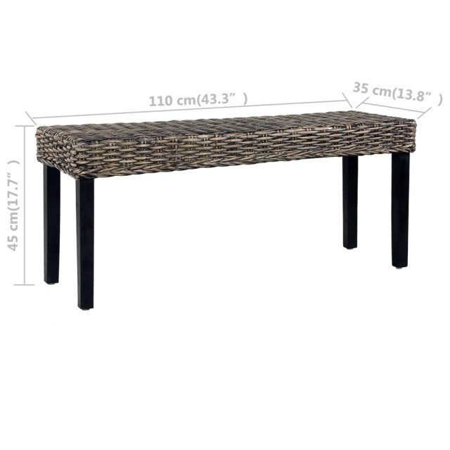 Banc 110 cm Noir Rotin naturel kubu et bois d'acajou massif