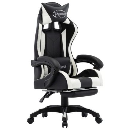 Fauteuil de jeux vidéo et repose-pied Blanc et noir Similicuir