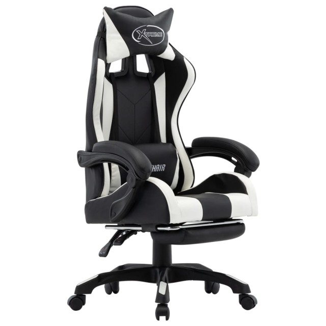 Fauteuil de jeux vidéo et repose-pied Blanc et noir Similicuir