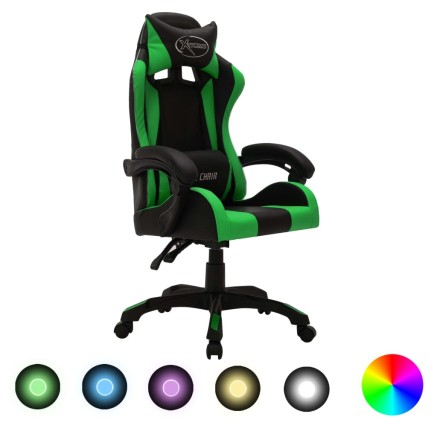 Fauteuil de jeux vidéo avec LED RVB Vert et noir Similicuir