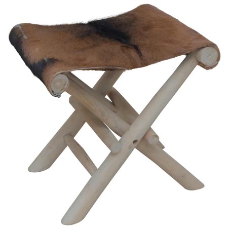 Tabouret pliable cuir de chèvre et bois de teck massif