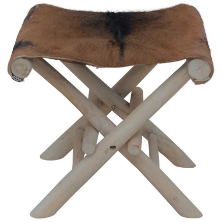 Tabouret pliable cuir de chèvre et bois de teck massif 2