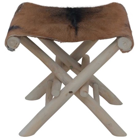 Tabouret pliable cuir de chèvre et bois de teck massif