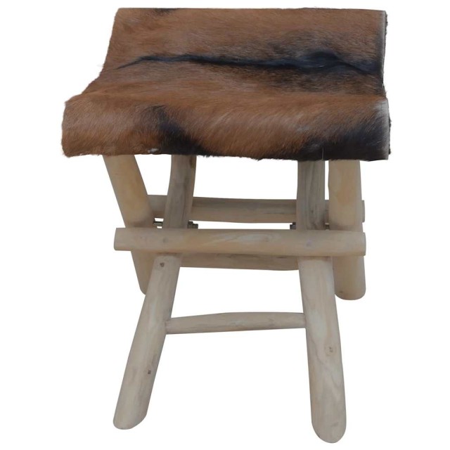 Tabouret pliable cuir de chèvre et bois de teck massif