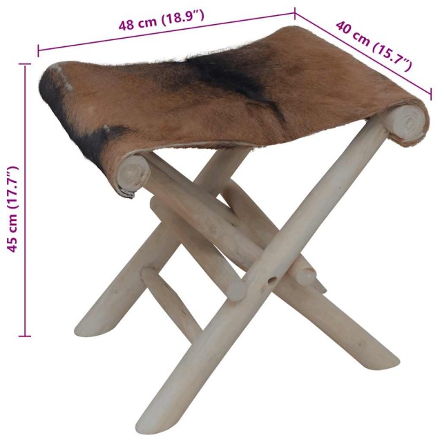 Tabouret pliable cuir de chèvre et bois de teck massif