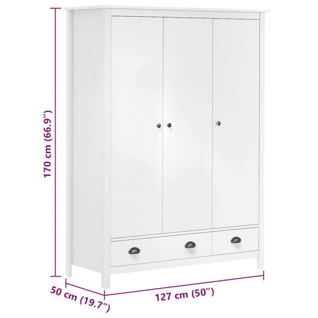 Garde-robe à 3 portes Hill Blanc 127x50x170 cm Bois pin solide
