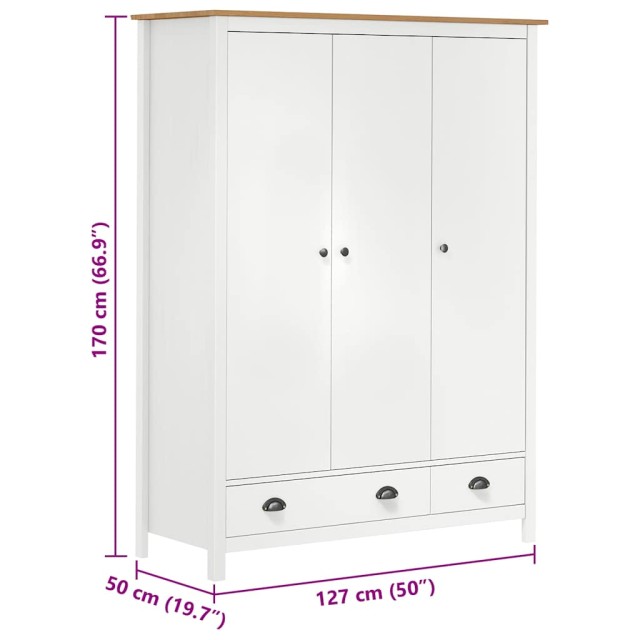 Garde-robe à 3 portes Hill Blanc 127x50x170 cm Bois pin solide