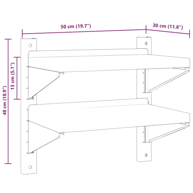 Étagère murale à 2 niveaux 50x30x48 cm argenté acier inoxydable