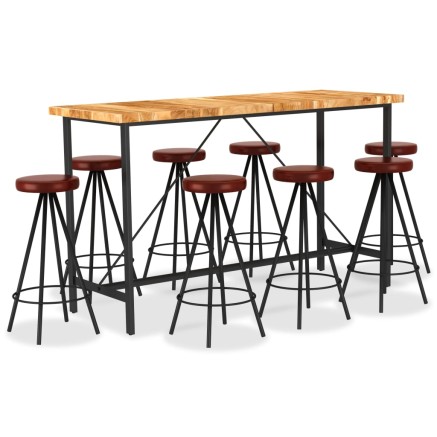 Ensemble de bar 9 pcs Bois d'acacia solide et cuir véritable