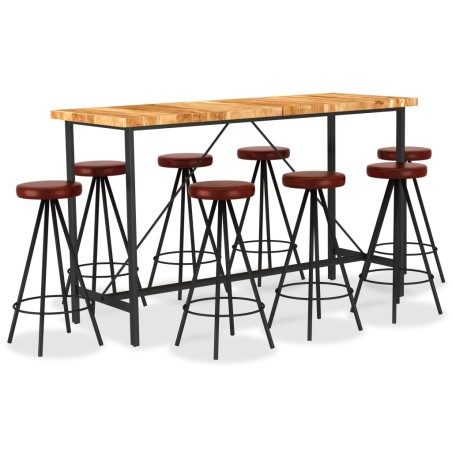 Ensemble de bar 9 pcs Bois d'acacia solide et cuir véritable