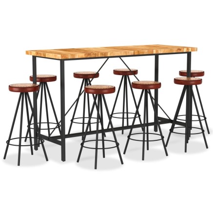 Ensemble de bar 9 pcs Bois d'acacia solide et cuir véritable