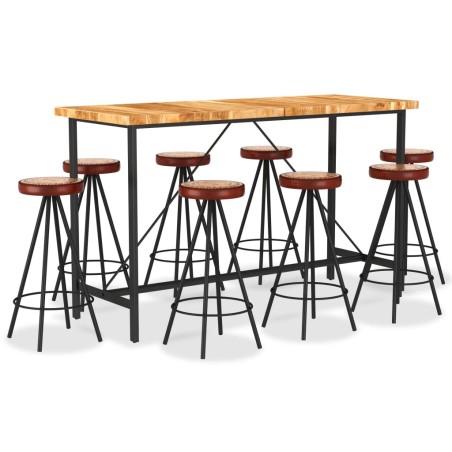 Ensemble de bar 9 pcs Bois d'acacia solide et cuir véritable