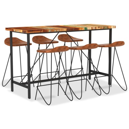 Ensemble de bar 7 pcs Bois de récupération et cuir véritable