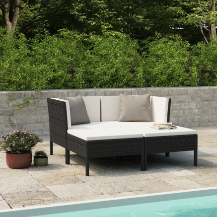 Salon de jardin 4 pcs avec coussins Résine tressée Noir