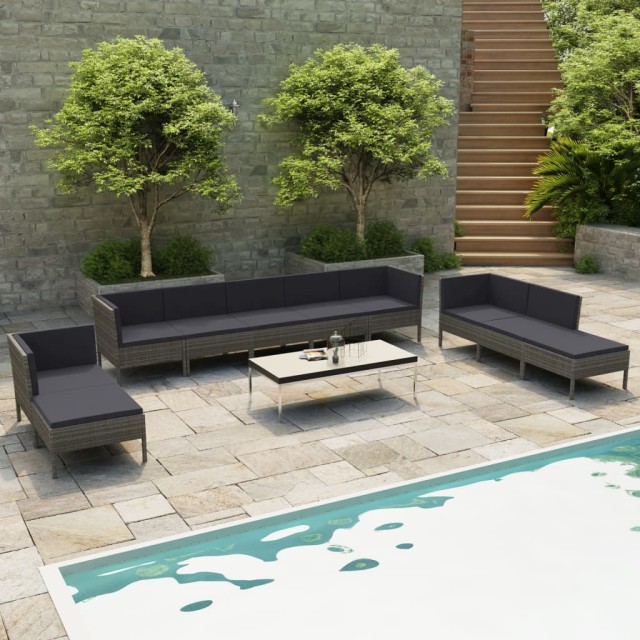 Salon de jardin 10 pcs avec coussins Résine tressée Gris