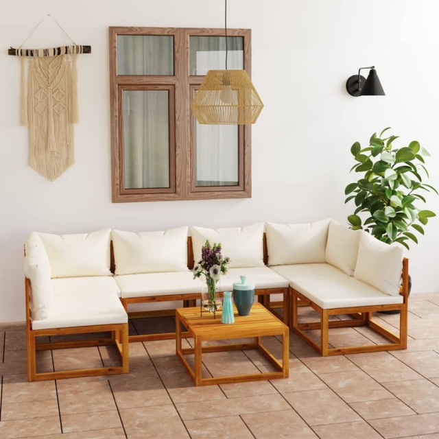 Salon de jardin 7 pcs avec coussin Crème Bois d'acacia solide