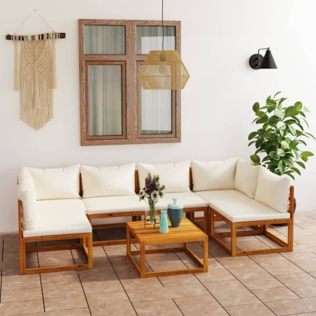 Salon de jardin 7 pcs avec coussin Crème Bois d'acacia solide