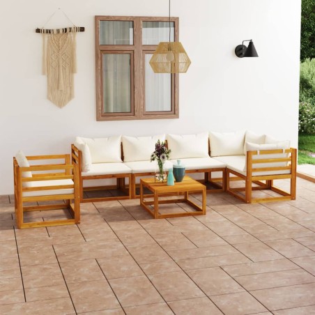 Salon de jardin 7 pcs avec coussin Crème Bois d'acacia solide