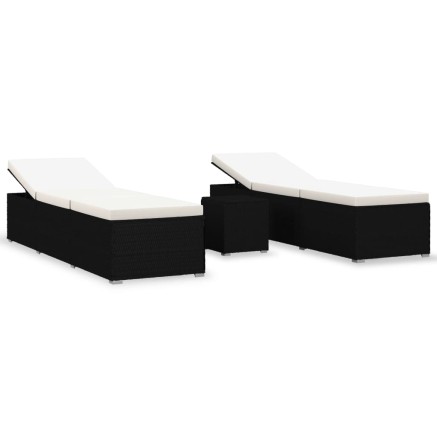 Chaises longues de jardin table à thé 3 pcs Résine tressée Noir 2