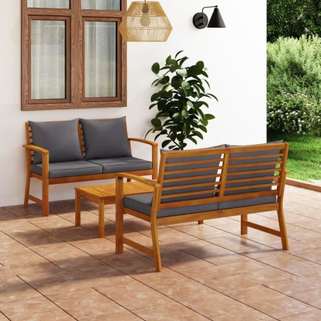 Salon de jardin 3 pcs avec coussin Bois d'acacia solide