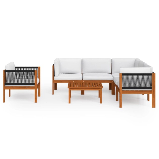 Salon de jardin 7 pièces avec coussins, bois d'acacia crème et corde