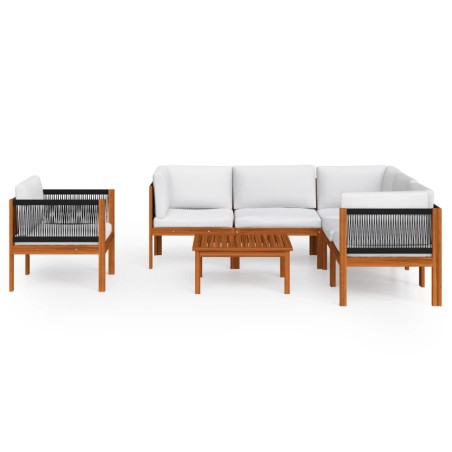 Salon de jardin 7 pièces avec coussins, bois d'acacia crème et corde