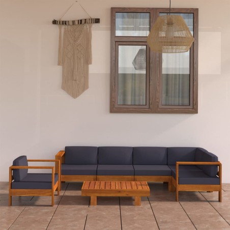 Salon de jardin 7 pcs avec coussins gris foncé Bois d'acacia