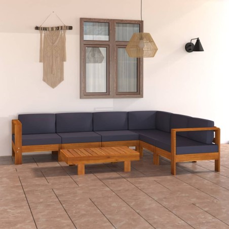 Salon de jardin 7 pcs avec coussins gris foncé Bois d'acacia